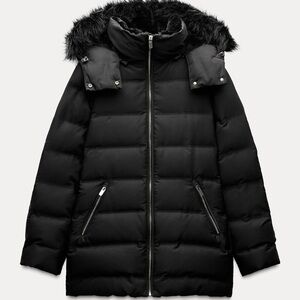 Women's Black Puffer Jacket with Faux Fur Hood